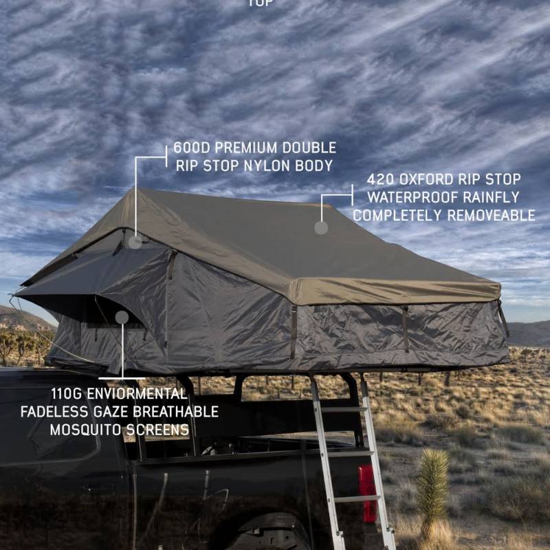 Nomadic 4 Extended Roof Top Tent - Dark Gray Base With Green Rain Fly & Black Cover, Black Aluminum Base, Black Ladder